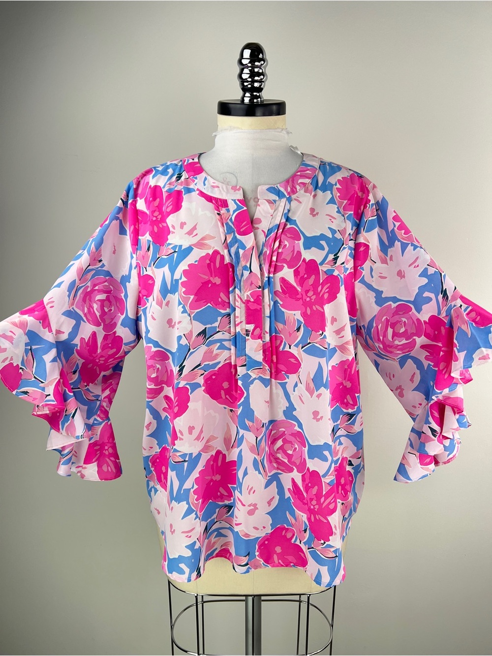 💚 3725. Floral Ruffle-Sleeve Blouse - Pink & Blue